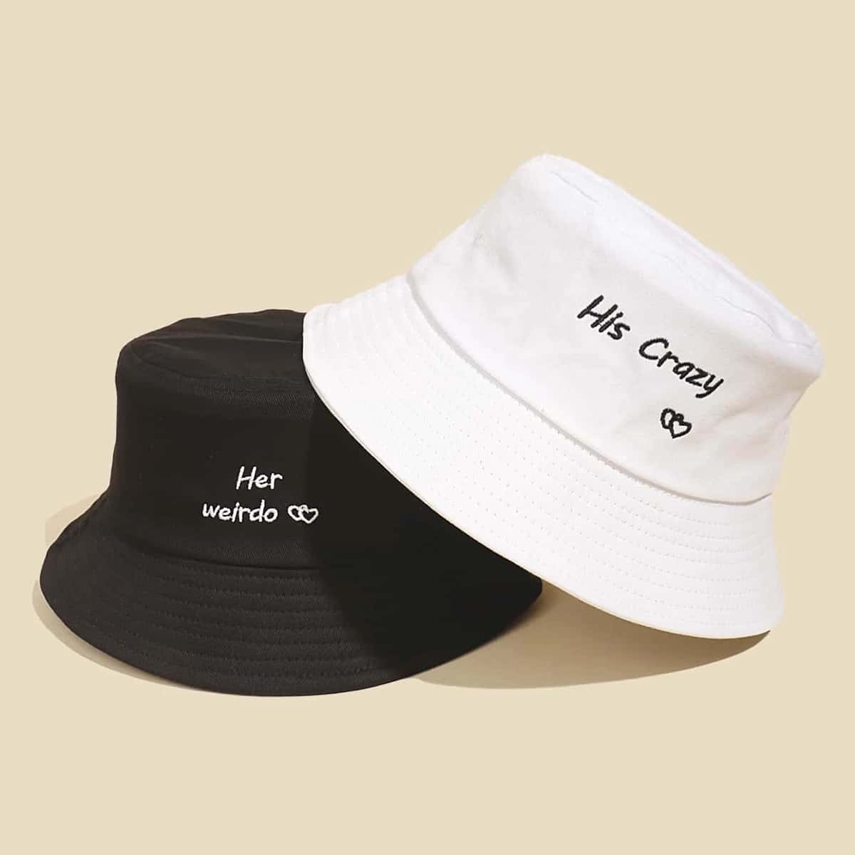 

2pcs Letter Embroidery Bucket Hat, Black and white