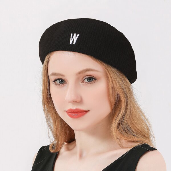 

Letter Embroidered Beret, Black