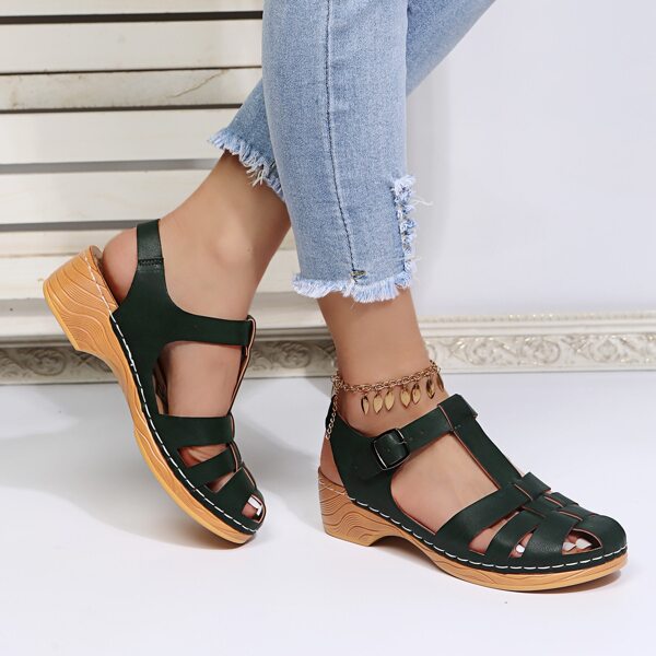 

Stitch Detail Wedge Gladiator Sandals, Dark green