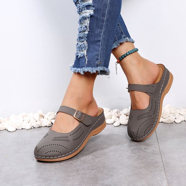 

Perforated Detail Mary Jane Flatform Mules, Grey