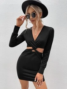 SHEIN Essnce Twist Front Cut Out Bodycon Dress - Black - View 4