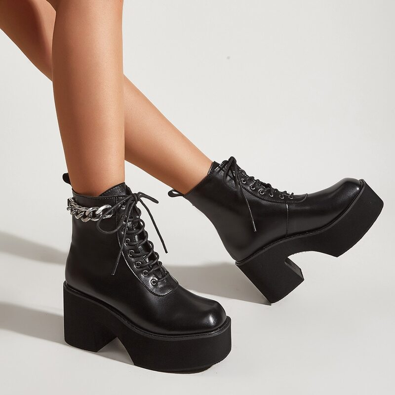 

Chain Decor Platform Chunky Heeled Boots, Black