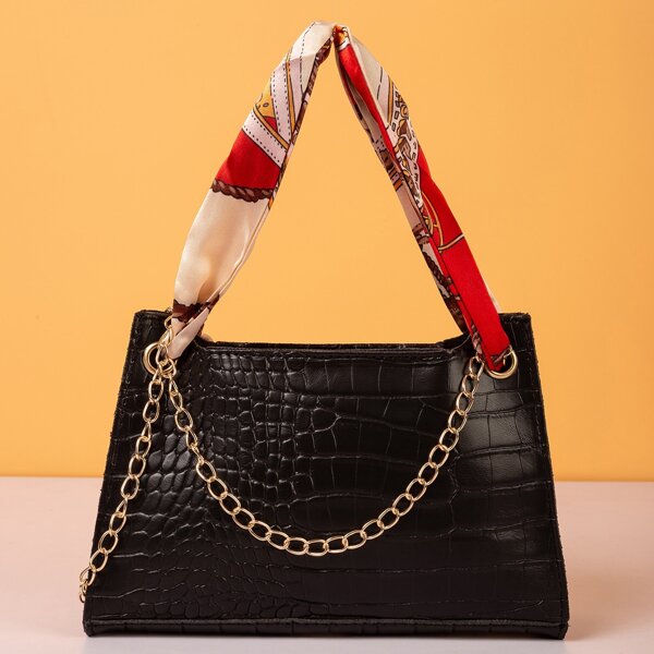 

Minimalist Croc Embossed Chain Satchel Bag, Black