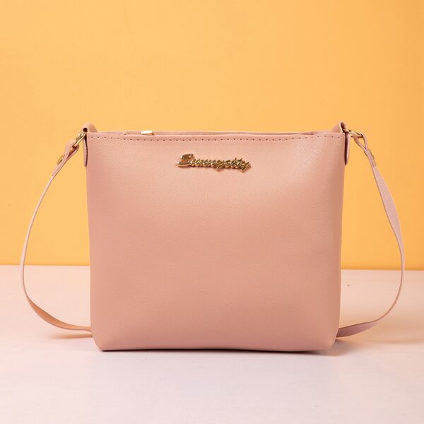

Minimalist Metal Decor Crossbody Bag, Pink