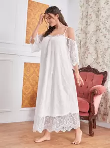 SHEIN Đầm mặc nhà Kích Thước Lớn màu trơn Hoàng gia - trắng - Xem 1