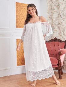 SHEIN Đầm mặc nhà Kích Thước Lớn màu trơn Hoàng gia - trắng - Xem 4