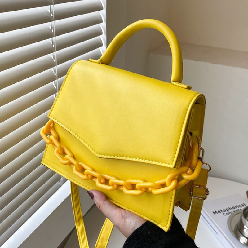

Chain Decor Flap Satchel Bag, Yellow