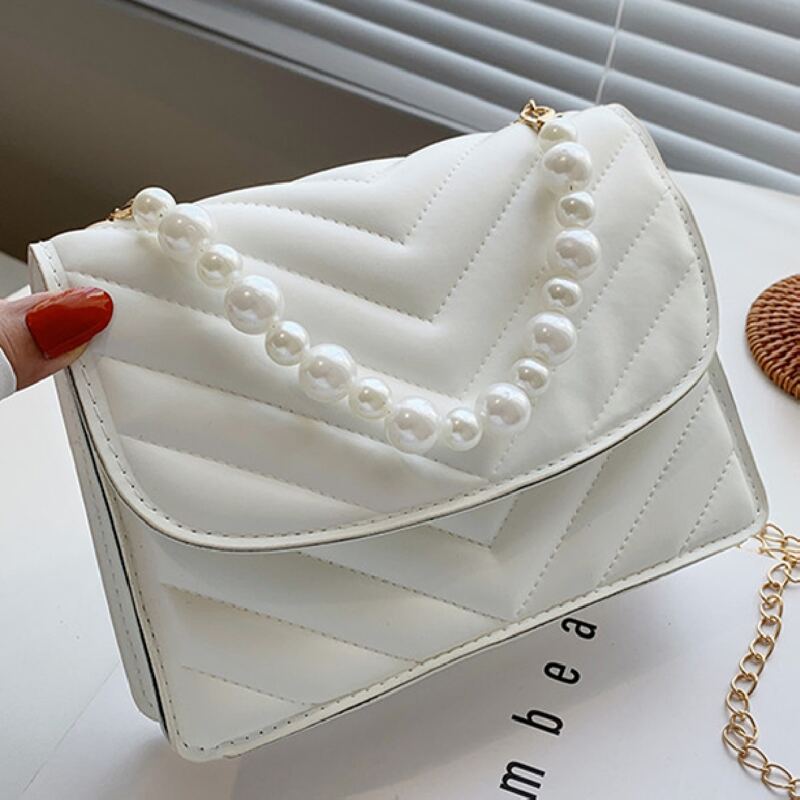 

Chevron Flap Faux Pearl Handle Chain Bag, White