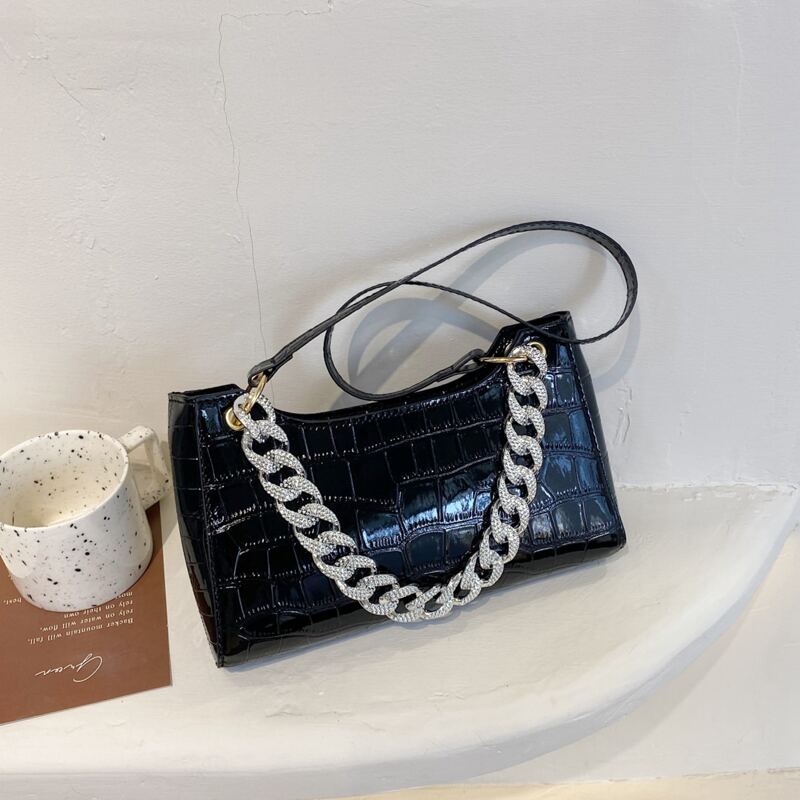 

Croc Embossed Satchel Bag, Black