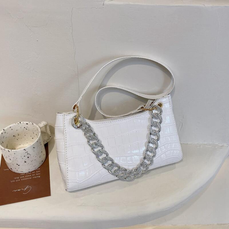 

Croc Embossed Satchel Bag, White
