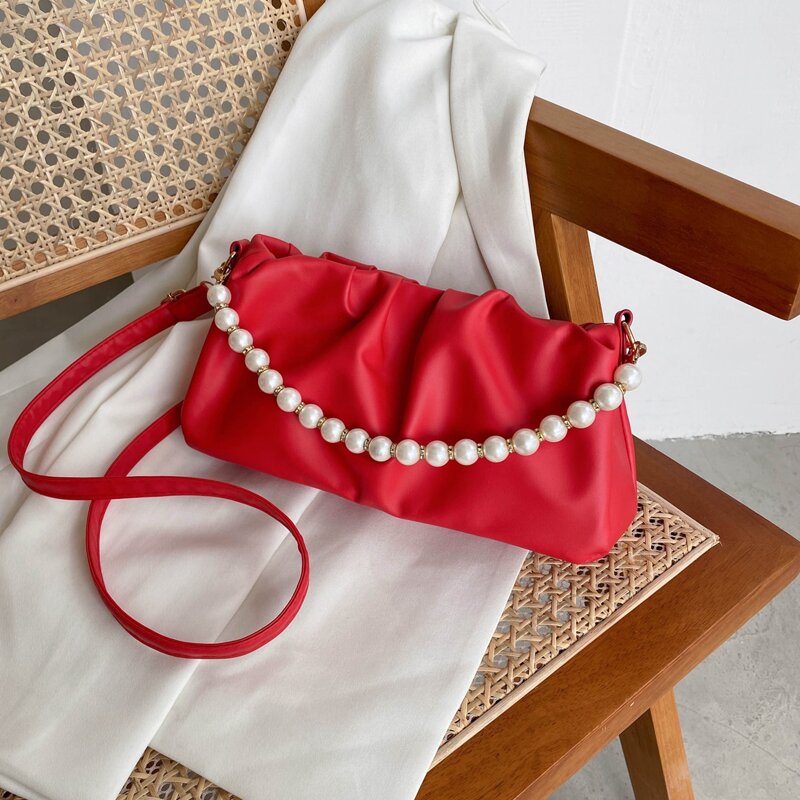 

Faux Pearl Beaded Satchel Bag, Red
