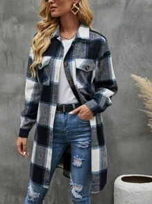 SHEIN LUNE Plaid Flap Pocket Drop Shoulder Overcoat - Multicolor - View 1