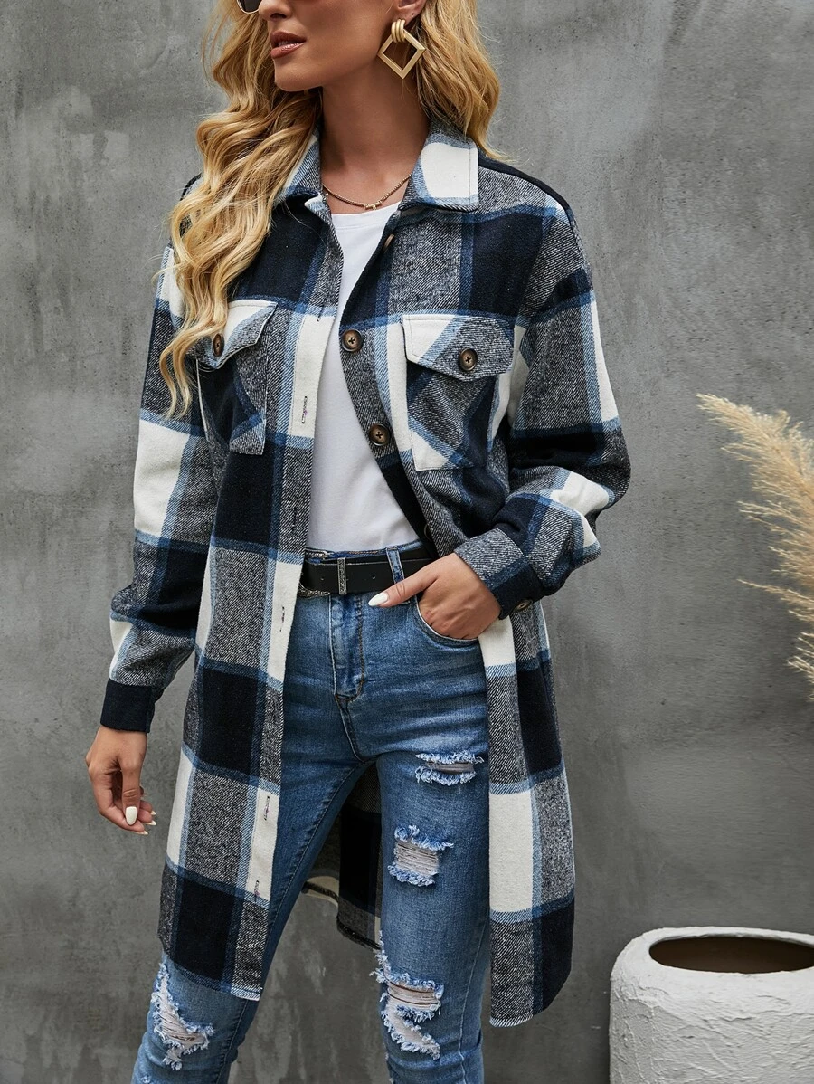 SHEIN LUNE Plaid Flap Pocket Drop Shoulder Overcoat - Multicolor - View 1