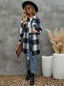 SHEIN LUNE Plaid Flap Pocket Drop Shoulder Overcoat - Multicolor - View 4