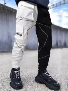 Manfinity LEGND Pantalones de carga para hombre con solapa de dos tonos y ribete reflectante con bloqueo de color y cordón largo en estilo elegante para salir, regalo para novio - Blanco y Negro - Ver 1