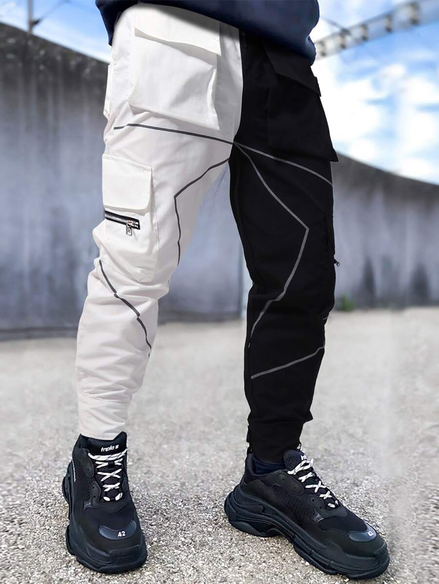 Manfinity LEGND Pantalones de carga para hombre con solapa de dos tonos y ribete reflectante con bloqueo de color y cordón largo en estilo elegante para salir, regalo para novio - Blanco y Negro - Ver 1