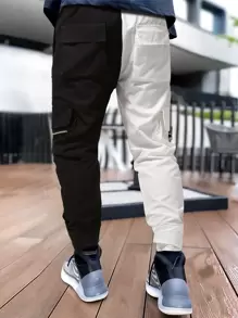 Manfinity LEGND Pantalones de carga para hombre con solapa de dos tonos y ribete reflectante con bloqueo de color y cordón largo en estilo elegante para salir, regalo para novio - Blanco y Negro - Ver 2