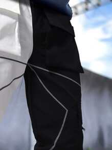 Manfinity LEGND Pantalones de carga para hombre con solapa de dos tonos y ribete reflectante con bloqueo de color y cordón largo en estilo elegante para salir, regalo para novio - Blanco y Negro - Ver 3