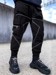 Manfinity Men Reflective Binding Zip Pocket Cargo Trousers - Black - View 1