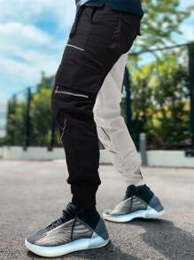 Manfinity LEGND Pantalones de carga para hombre con solapa de dos tonos y ribete reflectante con bloqueo de color y cordón largo en estilo elegante para salir, regalo para novio - Blanco y Negro - Ver 4