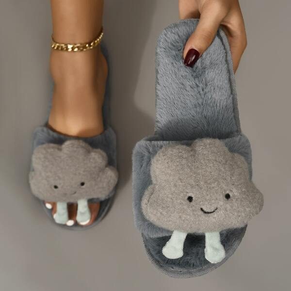 

Fuzzy Doll Decor Slippers, Grey