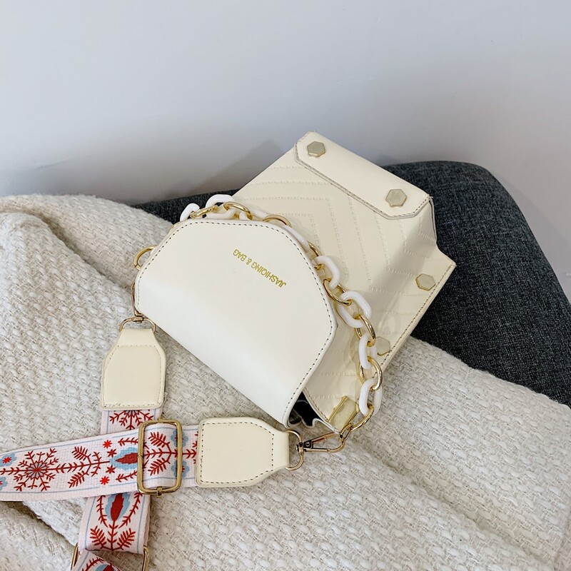 

Chain Handle Flap Satchel Bag, White