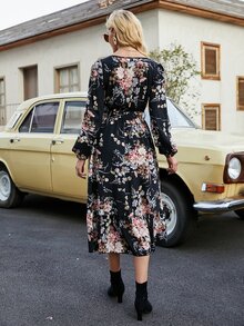 Floral Print Split Thigh Belted Dress - Multicolor - View 2