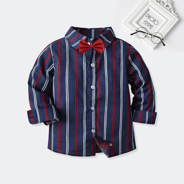 

Toddler Boys Vertical Stripe Bow Front Shirt, Navy blue