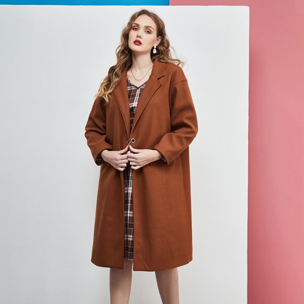 

Plus Lapel Neck Drop Shoulder Grommet Eyelet Overcoat, Brown