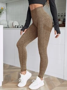 Seamless Medium Stretch Marled Sports Leggings - Brown - View 3