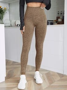 Seamless Medium Stretch Marled Sports Leggings - Brown - View 4