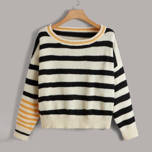 

Plus Block Striped Pattern Drop Shoulder Sweater, Multicolor