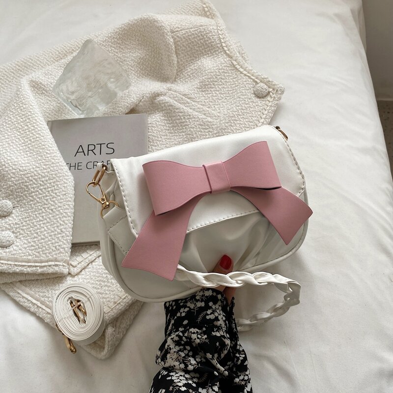 

Bow Decor Flap Shoulder Bag, White
