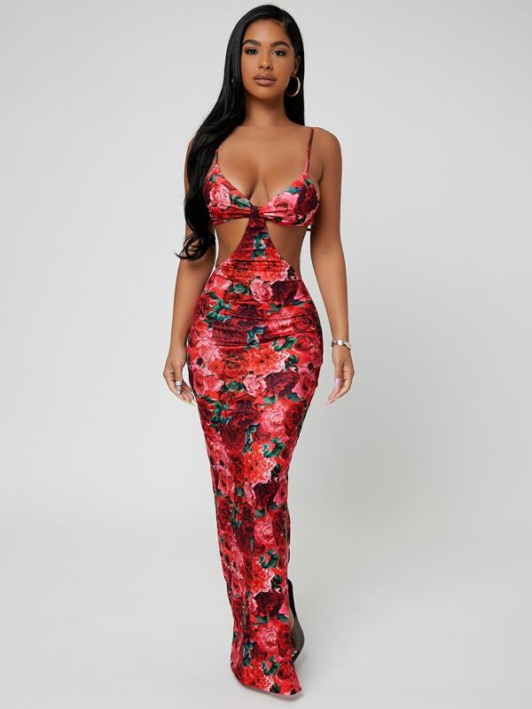 Radiana Rochie de vacanță cu bretele, cu înnoduri în fața de vară, cu fantă înaltă, florală, strânsă și sexy