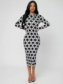 SHEIN SXY 小高領後背開叉波卡圓點連衣裙 - 黑與白 - 查看 3
