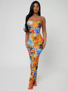 SHEIN SXY Váy treo ngày lễ in họa tiết mùa hè bó sát và gợi cảm - Nhiều màu - Xem 3