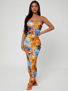 SHEIN SXY Váy treo ngày lễ in họa tiết mùa hè bó sát và gợi cảm - Nhiều màu - Xem 4