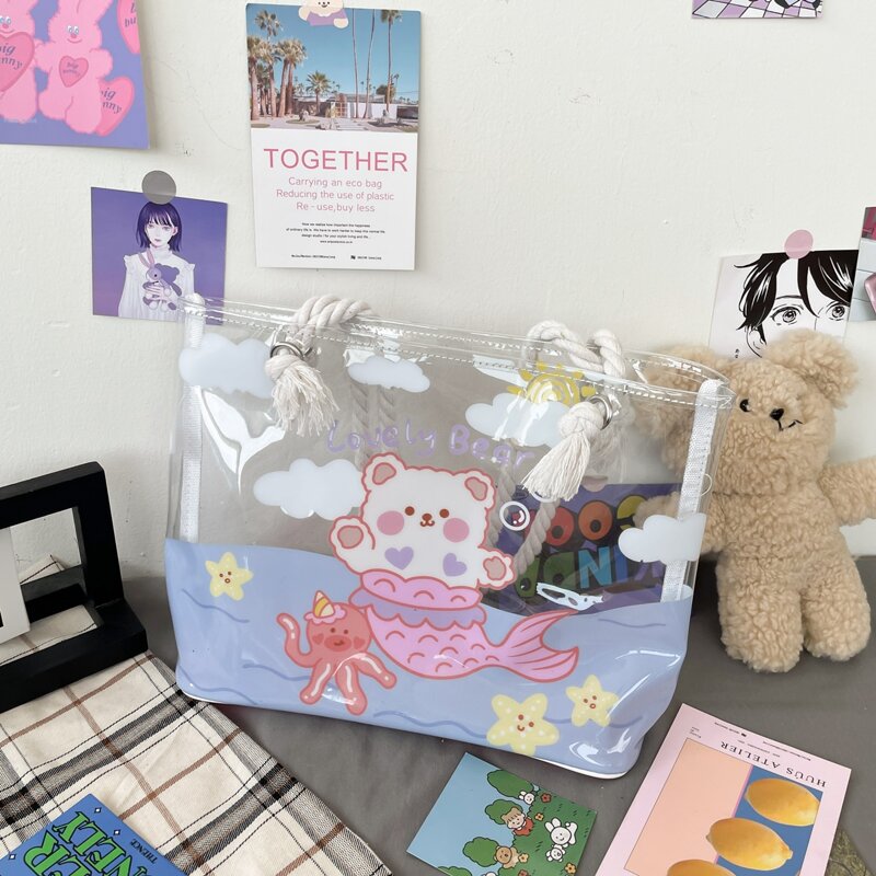 

Cartoon Bear Graphic Tote Bag, White