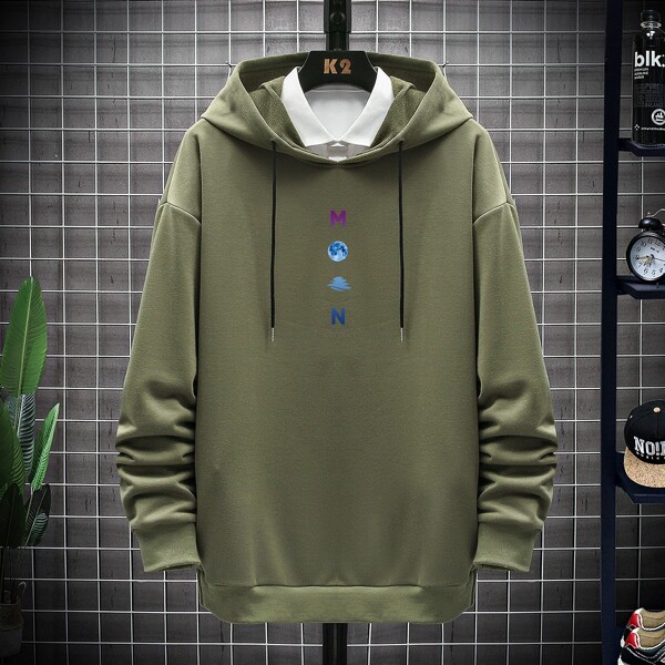 

Men Letter And Planet Print Drawstring Hoodie Without Shirt, Army green