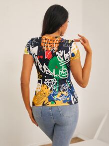 SHEIN SXY Letter & Graphic Print Tee - Multicolor - View 2