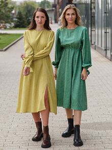 斑點印花袖口打結燈籠袖下擺開叉洋裝 - 綠色 - 查看 3