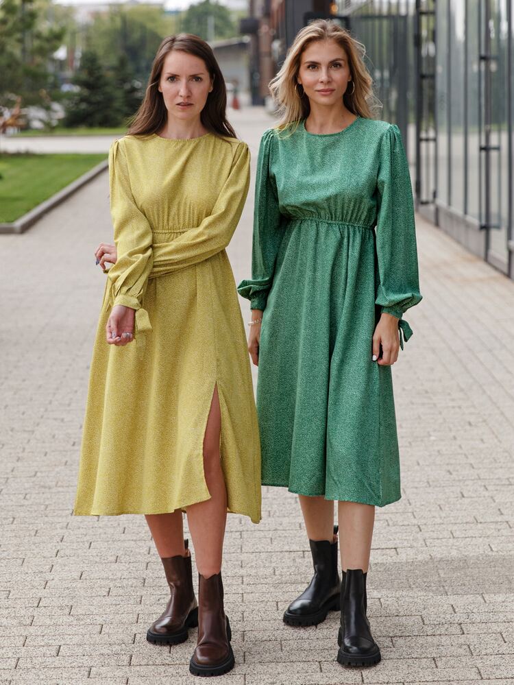 斑點印花袖口打結燈籠袖下擺開叉連衣裙 - 綠色 - 查看 3