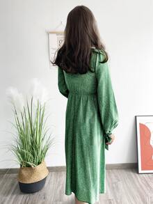 斑點印花袖口打結燈籠袖下擺開叉洋裝 - 綠色 - 查看 2