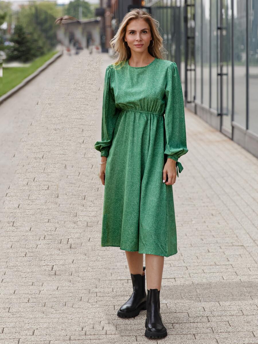斑點印花袖口打結燈籠袖下擺開叉洋裝 - 綠色 - 查看 1