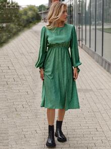 斑點印花袖口打結燈籠袖下擺開叉洋裝 - 綠色 - 查看 4