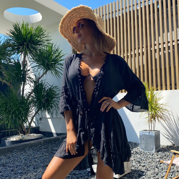 

Open Stitch Pom-pom Trim Kimono, Black