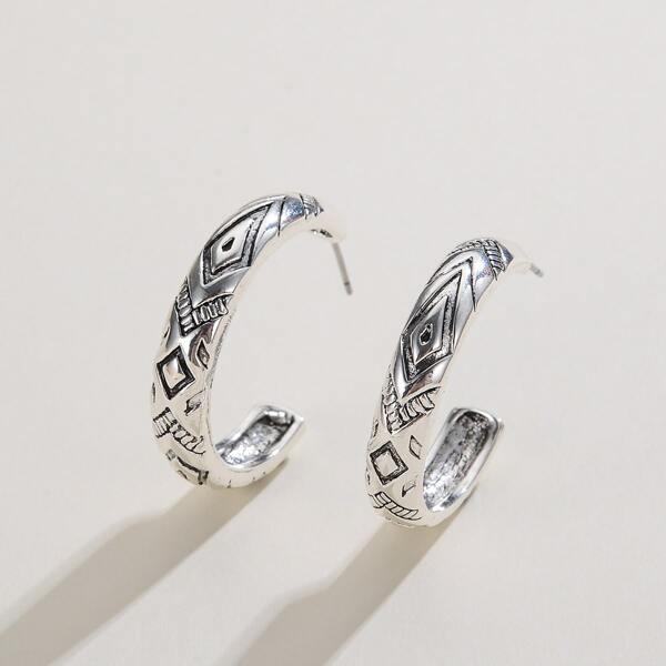 

Geometric Detail Open Hoop Earrings, Antique silver