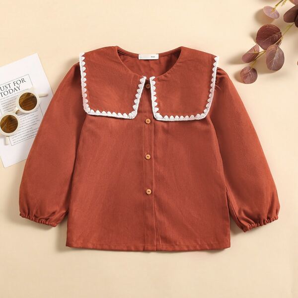 

Toddler Girls Embroidered Trimed Doll Collar Blouse, Burnt orange