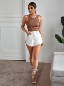 SHEIN EZwear Solid Rib-Knit Crop Tank Top,Commute,Minimalist,Office,Old Money,Simple - Dusty Pink - View 3