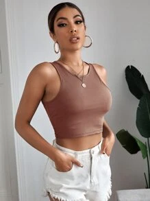 SHEIN EZwear Solid Rib-Knit Crop Tank Top,Commute,Minimalist,Office,Old Money,Simple - Dusty Pink - View 5